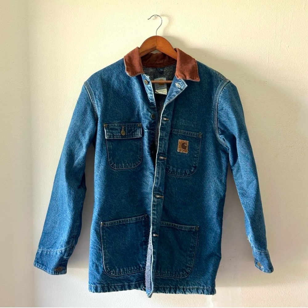 Carhartt Blue Denim Jacket with Brown Collar